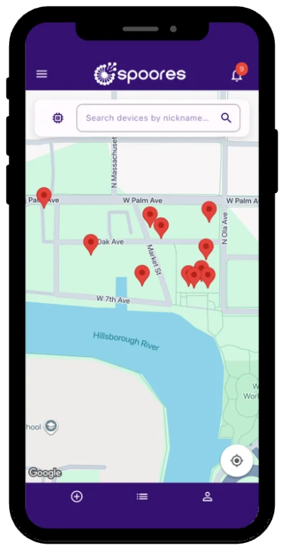 The Spoores app on a phone, cycling through the device map, a device opened from it, and the device list