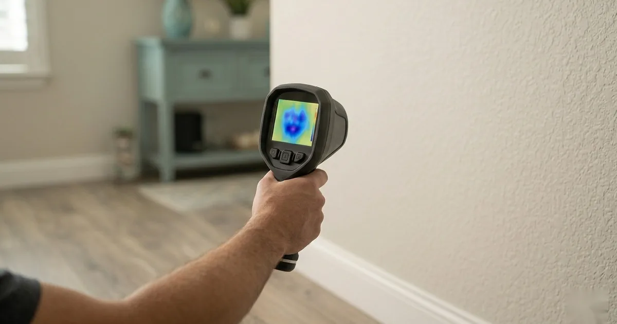 Hands pointing a thermal imaging camera at a wall, its screen showing a cool blue patch