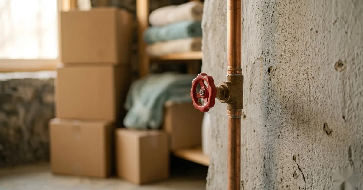 A red-handled main water shutoff valve on a basement pipe, with moving boxes blurred in the background