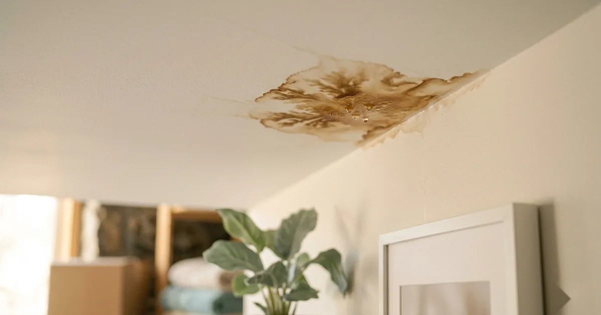 A brown water stain spreading across a white ceiling near the corner of a room