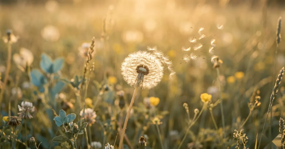 A single dandelion seed head releasing seeds into golden evening light over a field