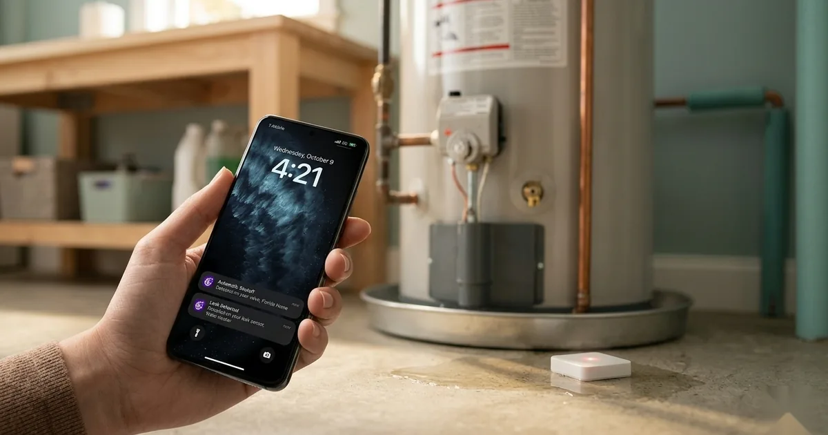 A small round leak sensor on the floor beside a washing machine, with a phone showing an alert nearby
