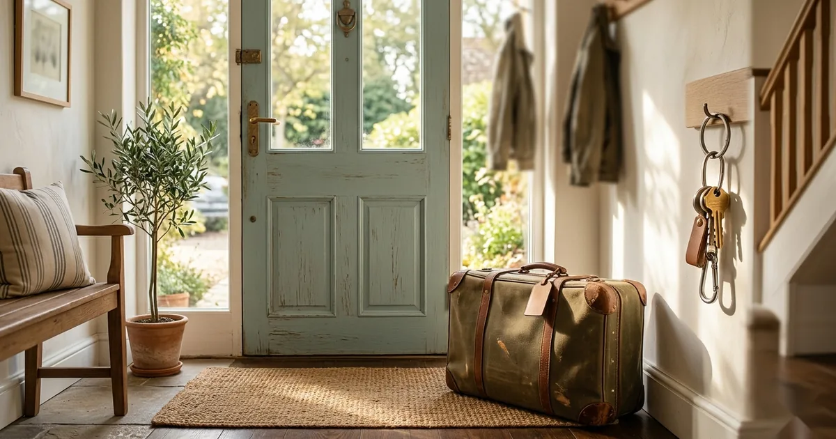A packed suitcase and house keys by a sunlit front door