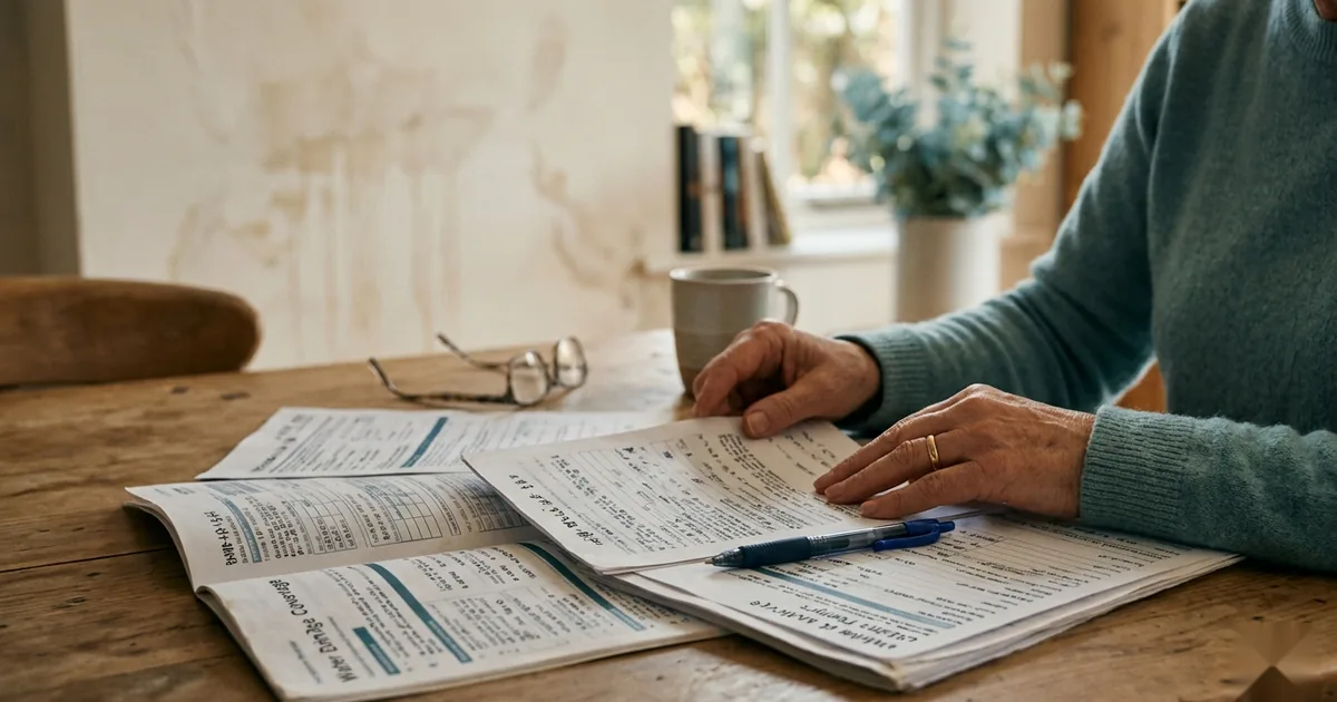 Insurance paperwork and a pen on a table in front of a water-stained wall