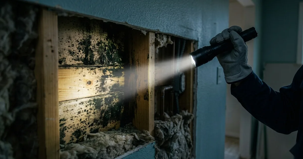 A flashlight beam revealing dark mold on wooden studs inside an opened wall cavity