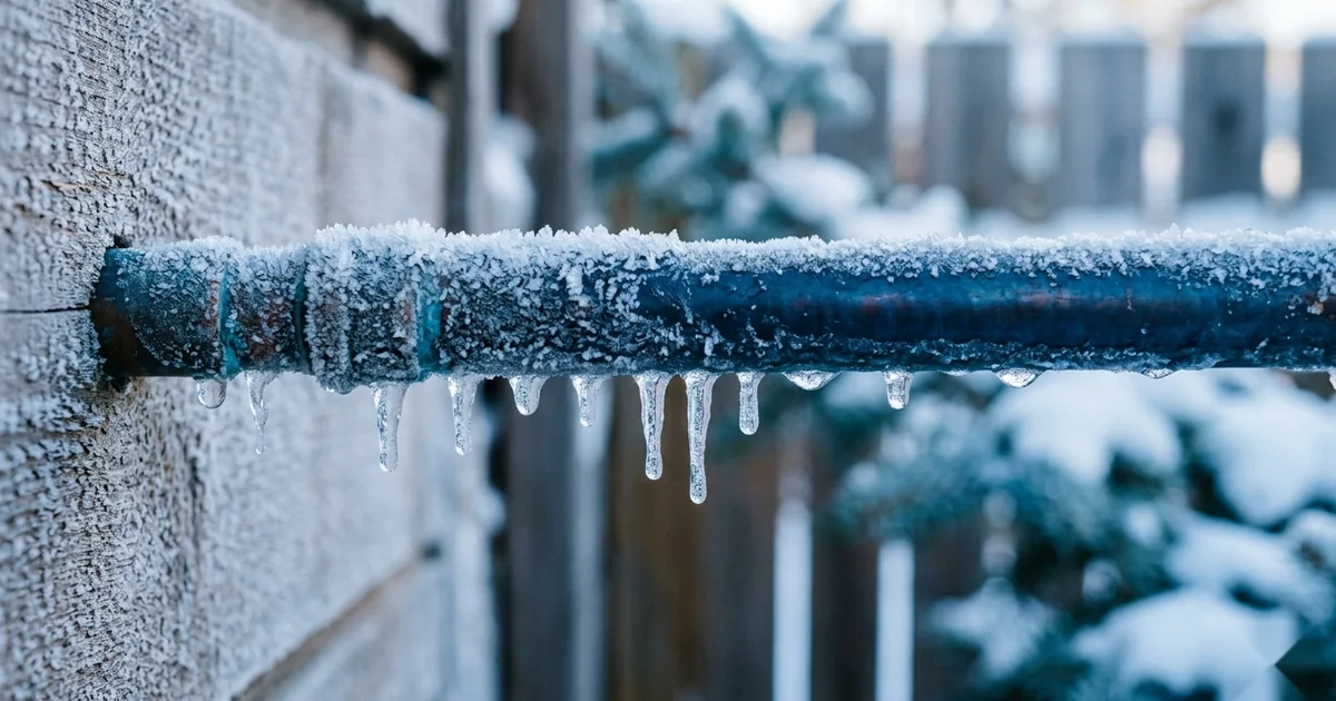 A frost-covered copper pipe with icicles in cold blue light
